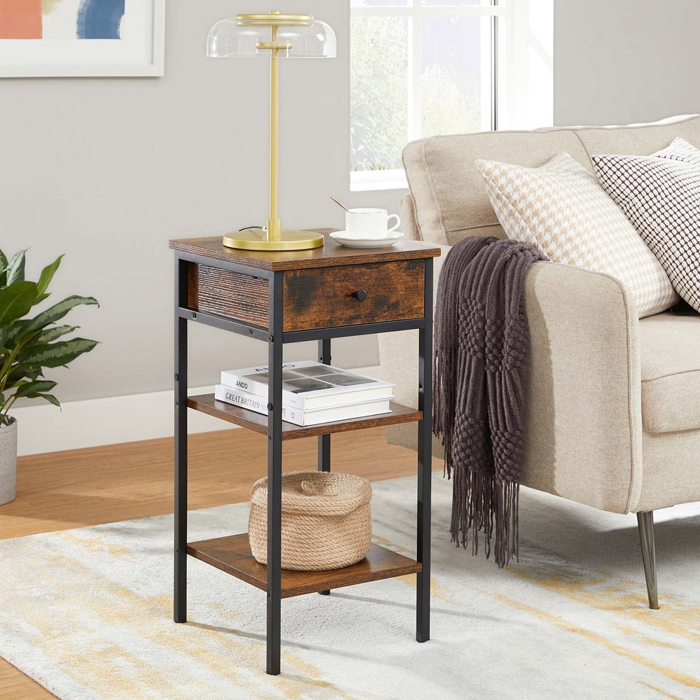 Sidobord med en låda och 2 förvaringshyllor - Rustik brun / svart