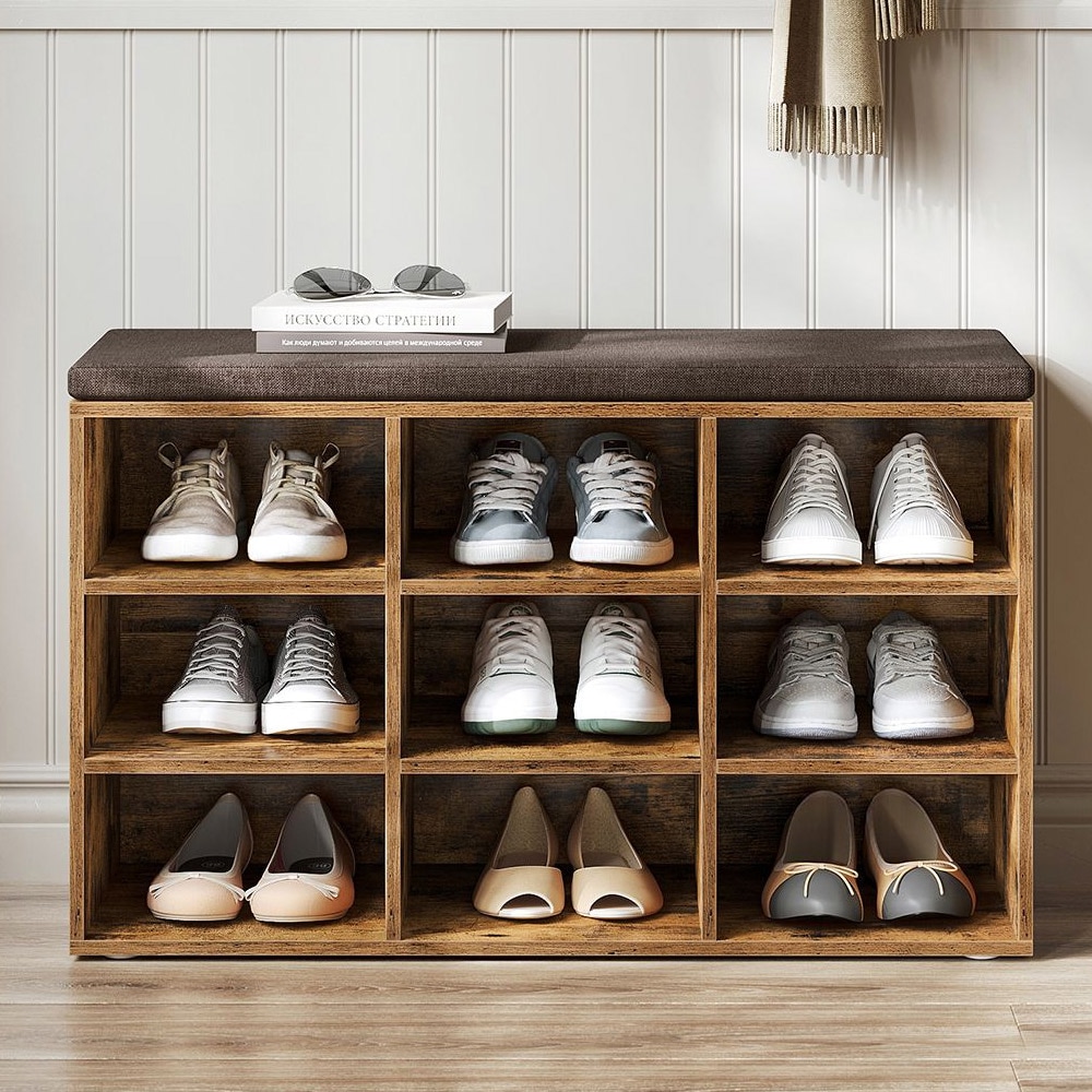 Förvaringsbänk med stoppad sits och 9 fack - rustik brun