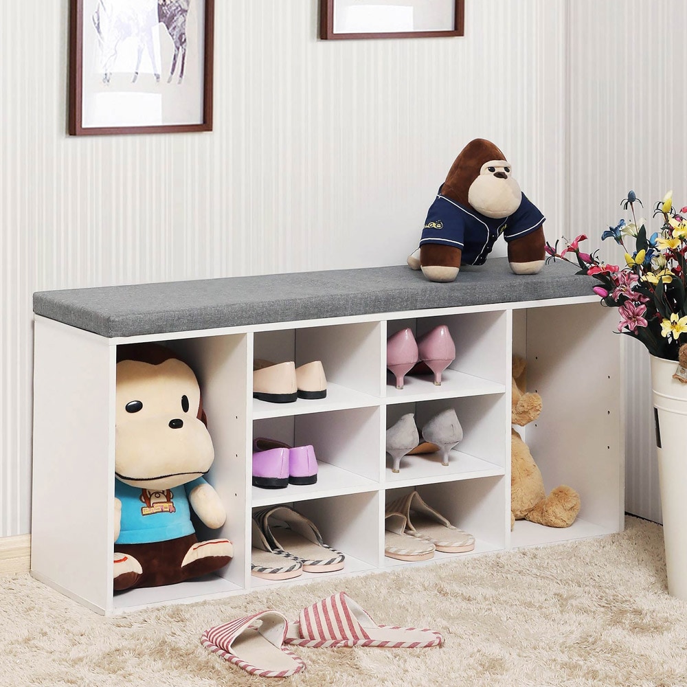 Förvaringsbänk med stoppad sits och 10 fack - Vit/Grå