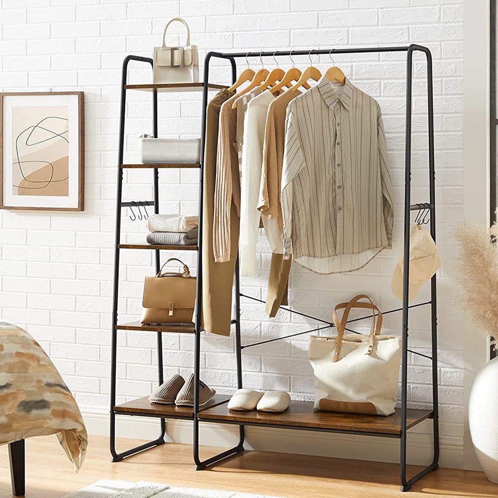 Klädställning med skohylla och 5 hyllplan - rustik brun / svart