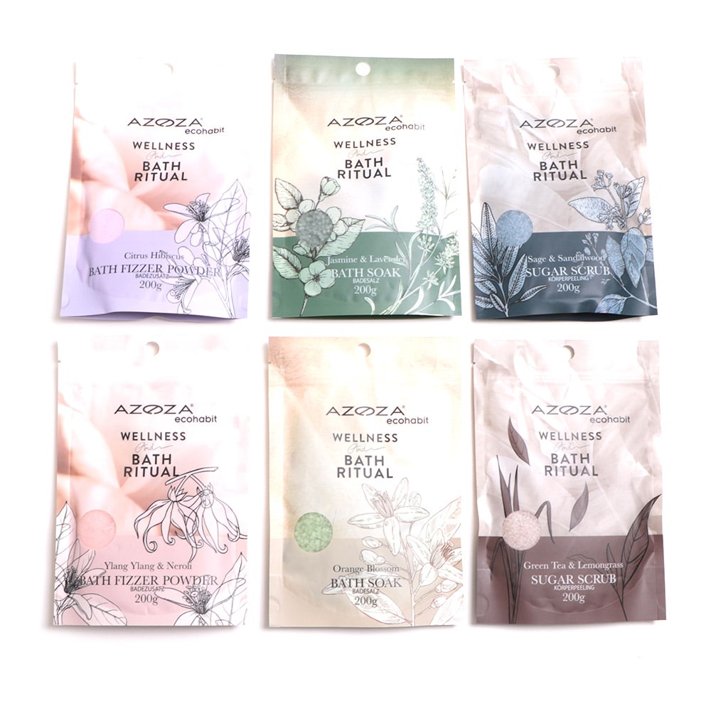 Azoza Eco Wellness badsalt och badskrubb – 6-pack i portionspåsar