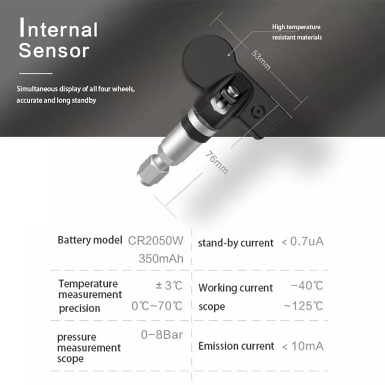 TPMS dekktrykksensor med ekstern sensor - for Android-medieenhet