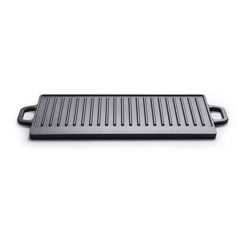 Vendbar grillplade i støbejern med grill- og stegeoverflade - 40x20 cm