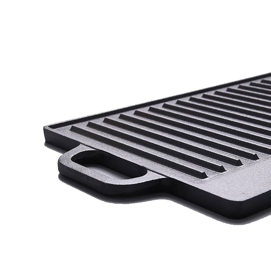 Vendbar grillplade i støbejern med grill- og stegeoverflade - 40x20 cm