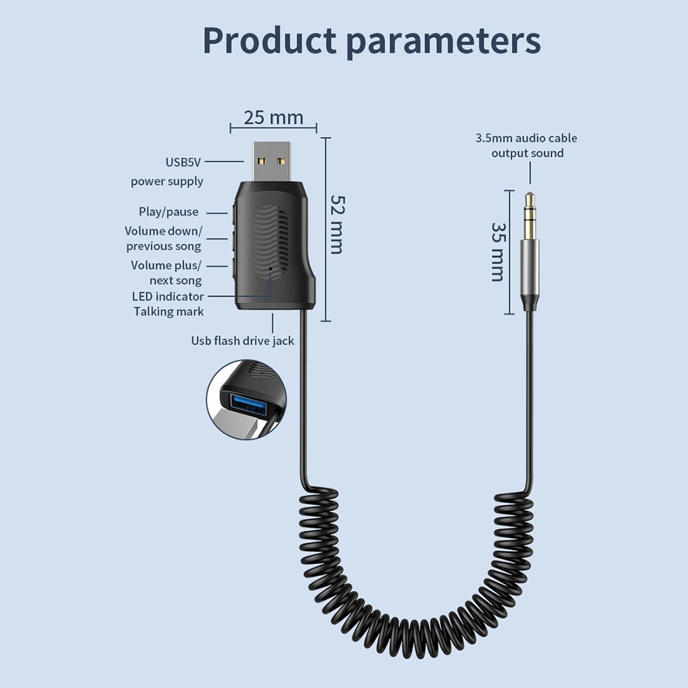 Bluetooth AUX-adapter med 3,5 mm och USB