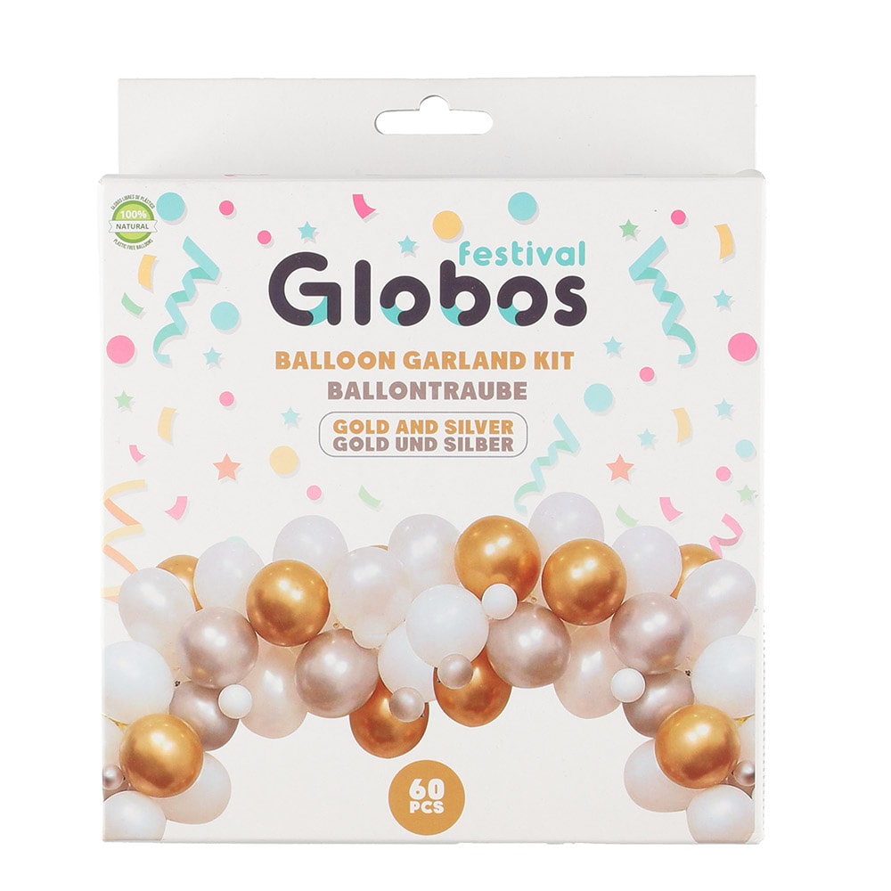 Ballonggirlang med 60 ballonger i guld, vitt och silver