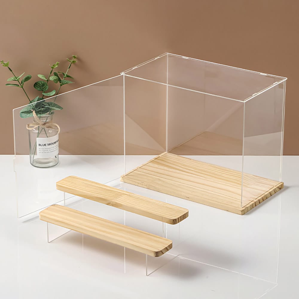 Displaylåda i klarplast med trädetaljer 32 × 25,2 × 18 cm
