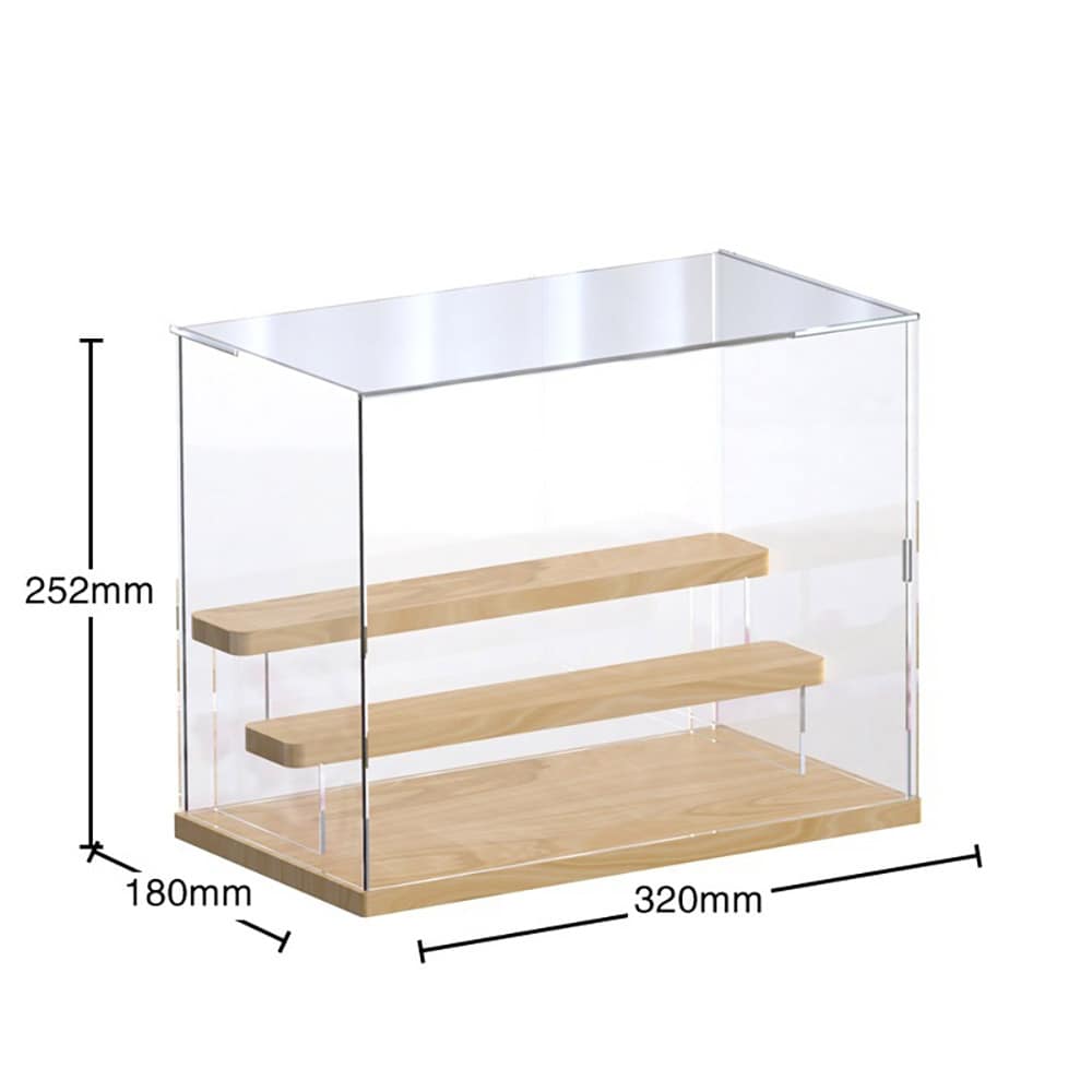 Displaylåda i klarplast med trädetaljer 32 × 25,2 × 18 cm