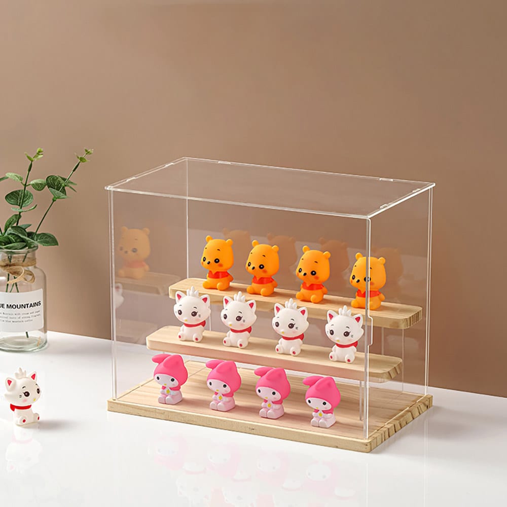 Displaylåda i klarplast med trädetaljer 32 × 25,2 × 18 cm