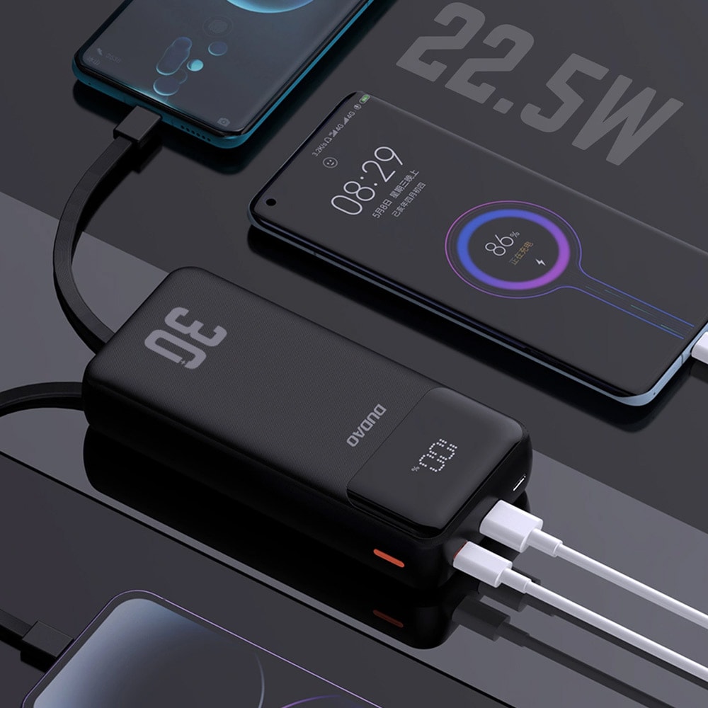 Powerbank 30000mAh med snabbladdning och inbyggda kablar – svart