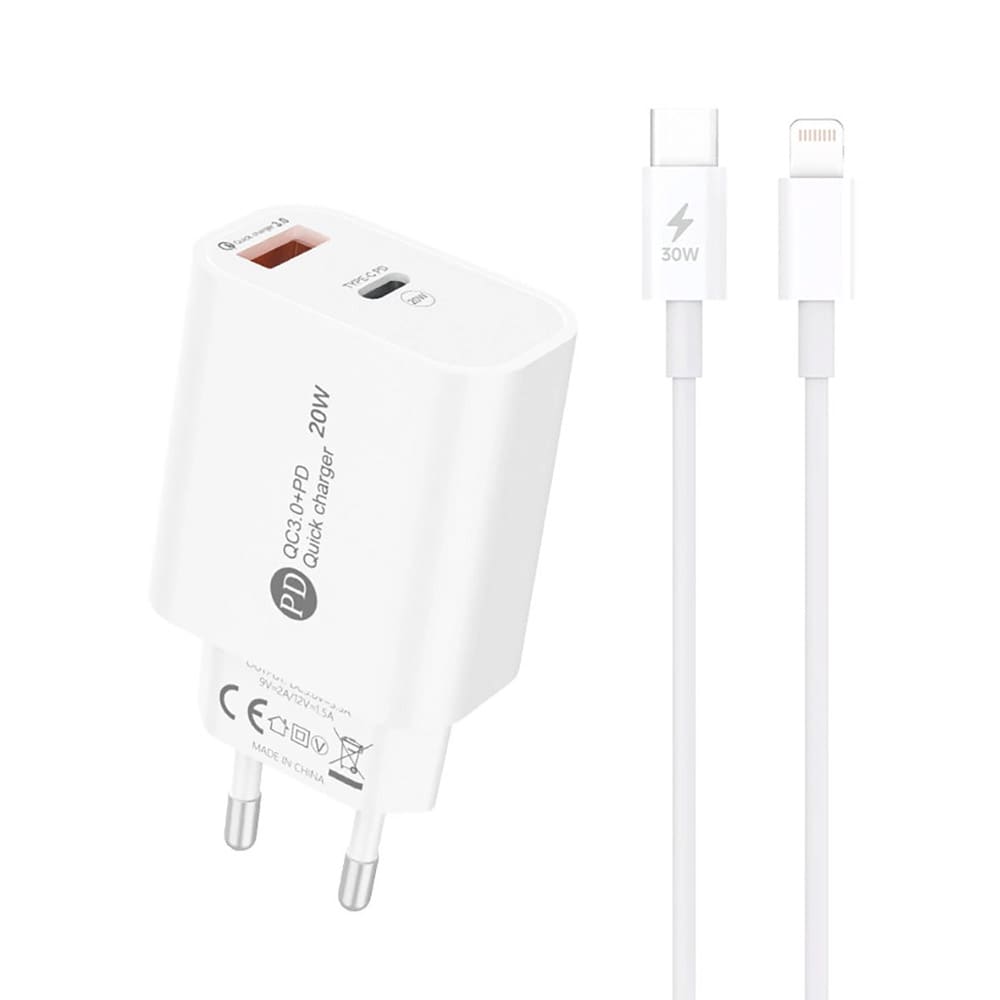 Snabbladdare 20W med USB-C & USB-A + Lightning-kabel – Vit