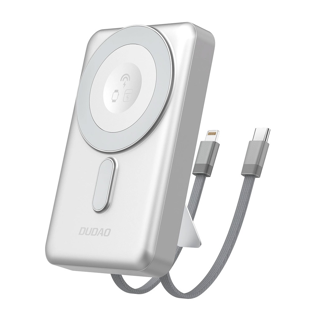 Dudao Powerbank 10000mAh PD 20W med MagSafe, stativ och inbyggda USB-kablar - Silver