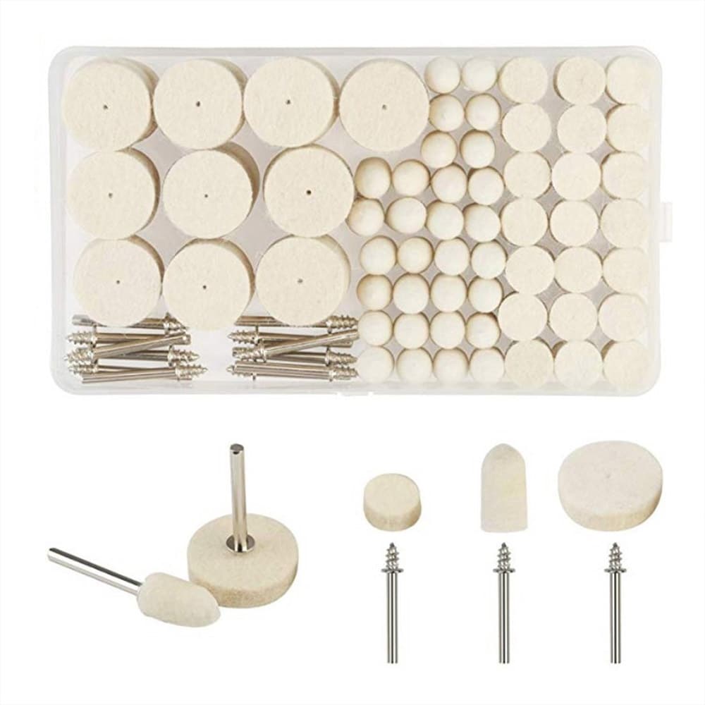 Poleringshuvuden i ull 123 delar med skaft i rostfritt stål