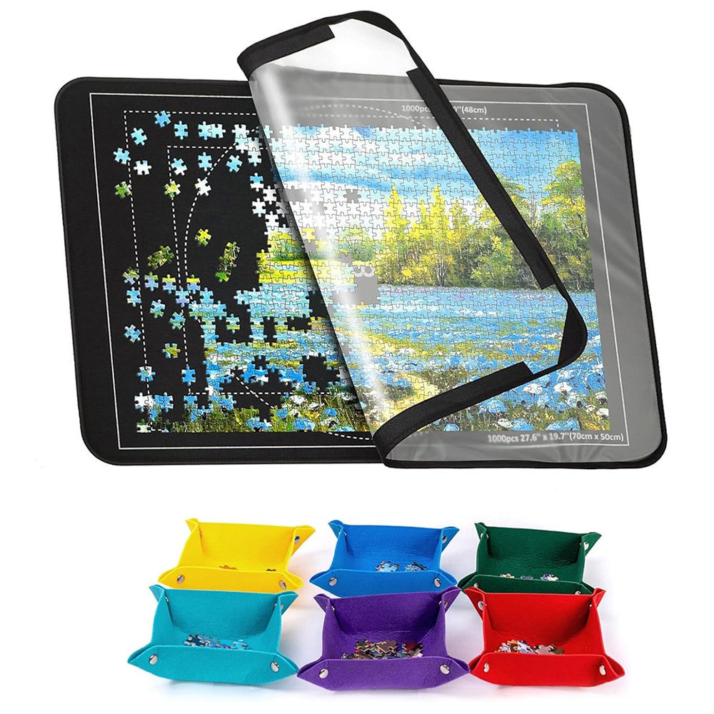 Pusselmatta i filt med lock och 6 sorteringsfack – för 1000 bitar