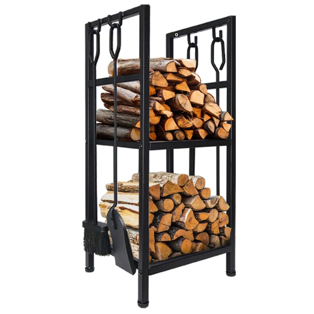 Vedställ i metall med eldstadsverktyg – Svart