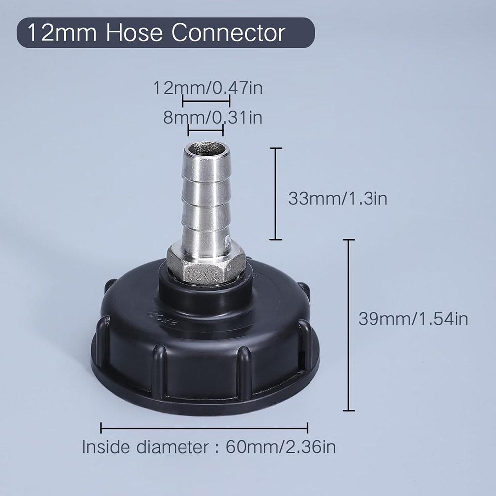 Koblingsadapter til IBC-tank S60x6mm til 12mm slangekobling i rustfrit stål