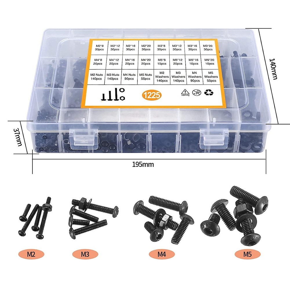 Låda med insexskruvar, muttrar och brickor 1225 delar i kolstål