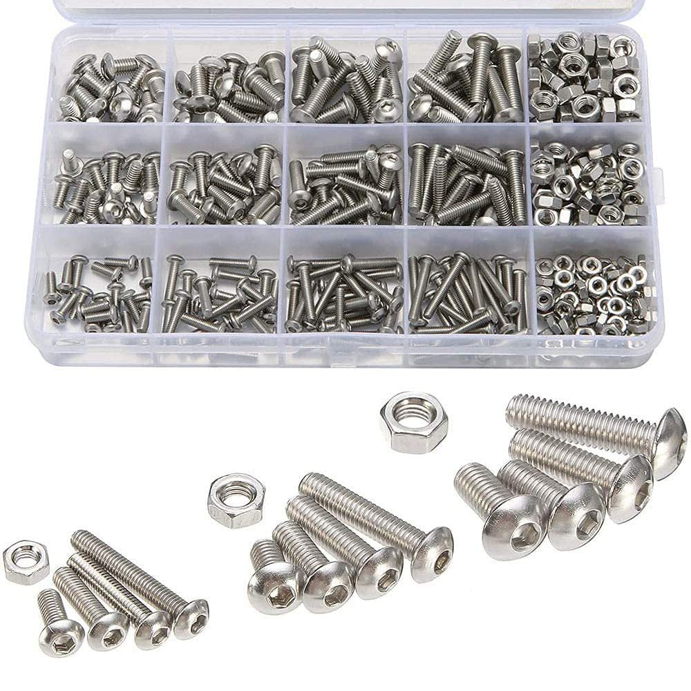 Låda med insexskruvar, muttrar och brickor 500 delar i rostfritt stål