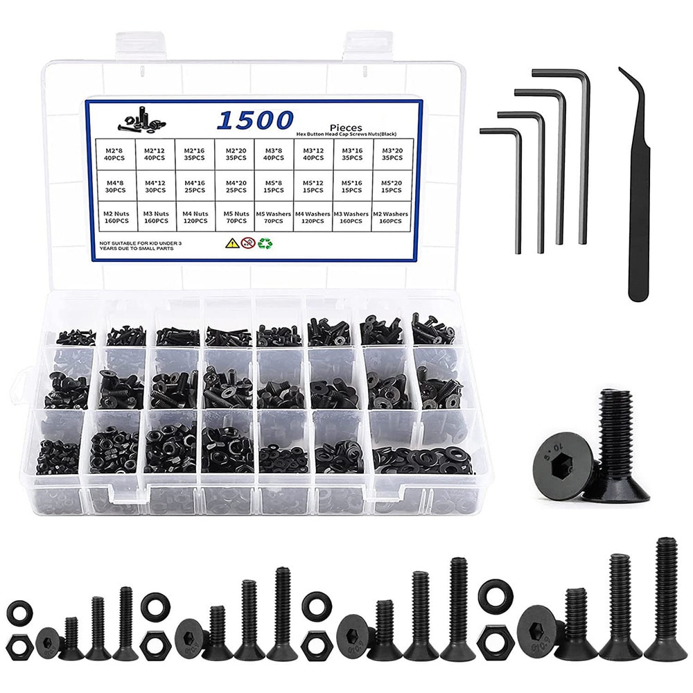 Låda med insexskruvar, muttrar och brickor 1500 delar i legerat stål