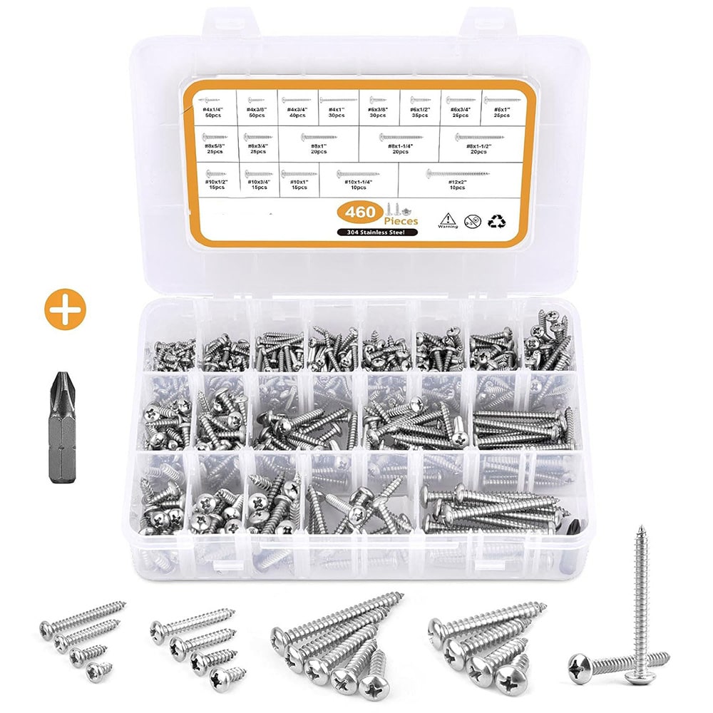 Låda med träskruvar 460 delar i rostfritt stål