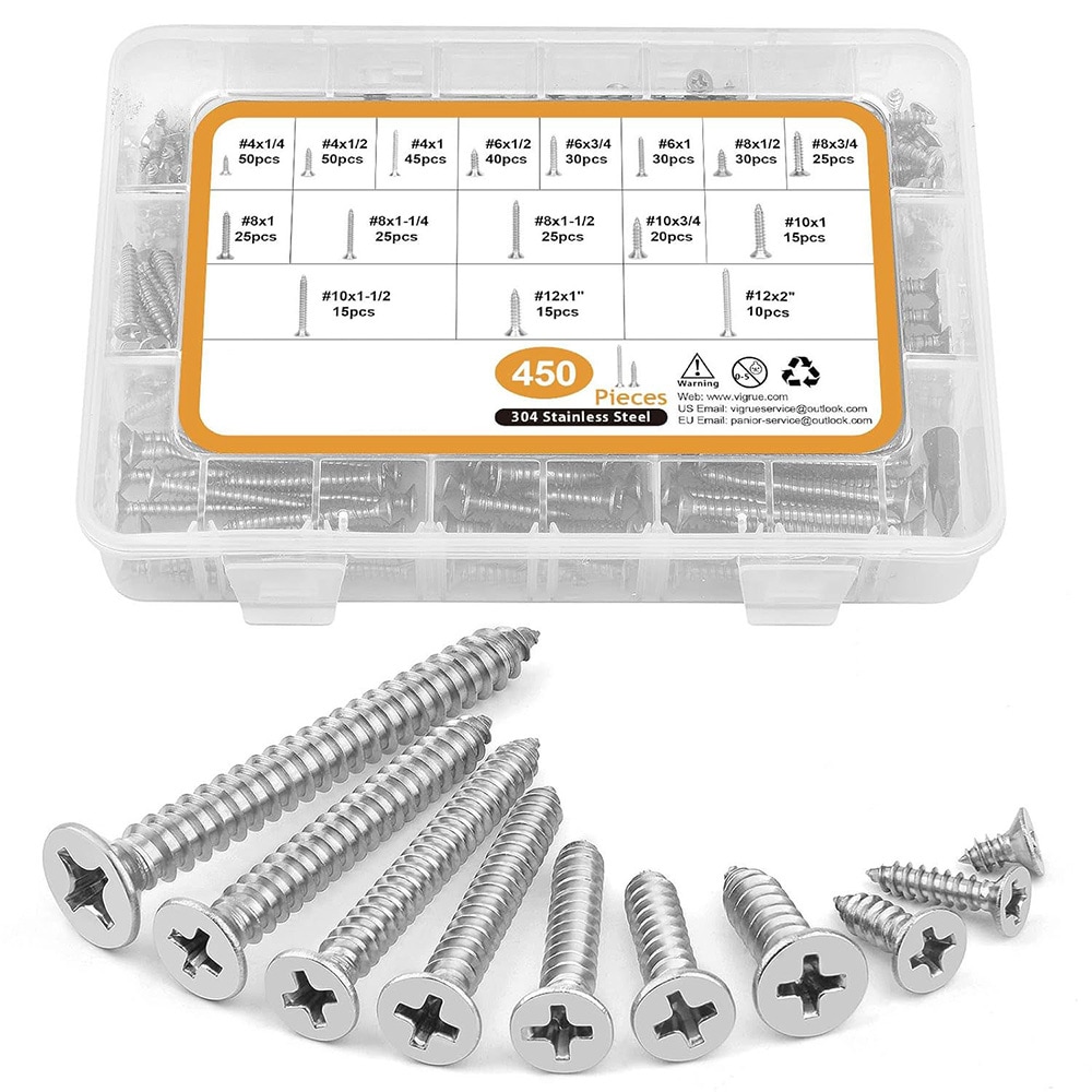 Låda med träskruvar 450 delar i rostfritt stål