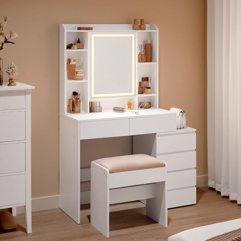 Sminkbord med pall och LED-belysning - Vit