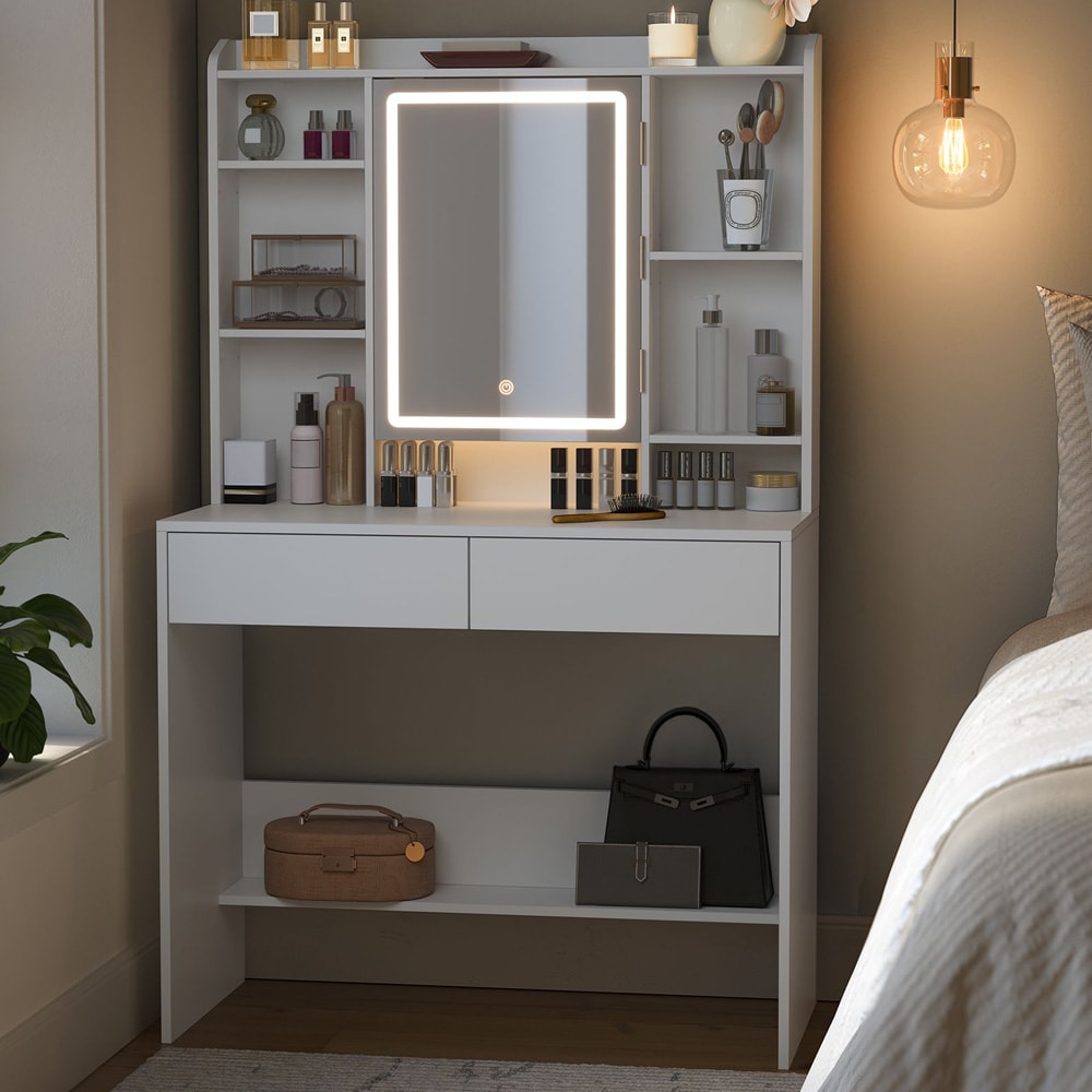 Sminkbord med spegel och justerbar LED-belysning - Vit