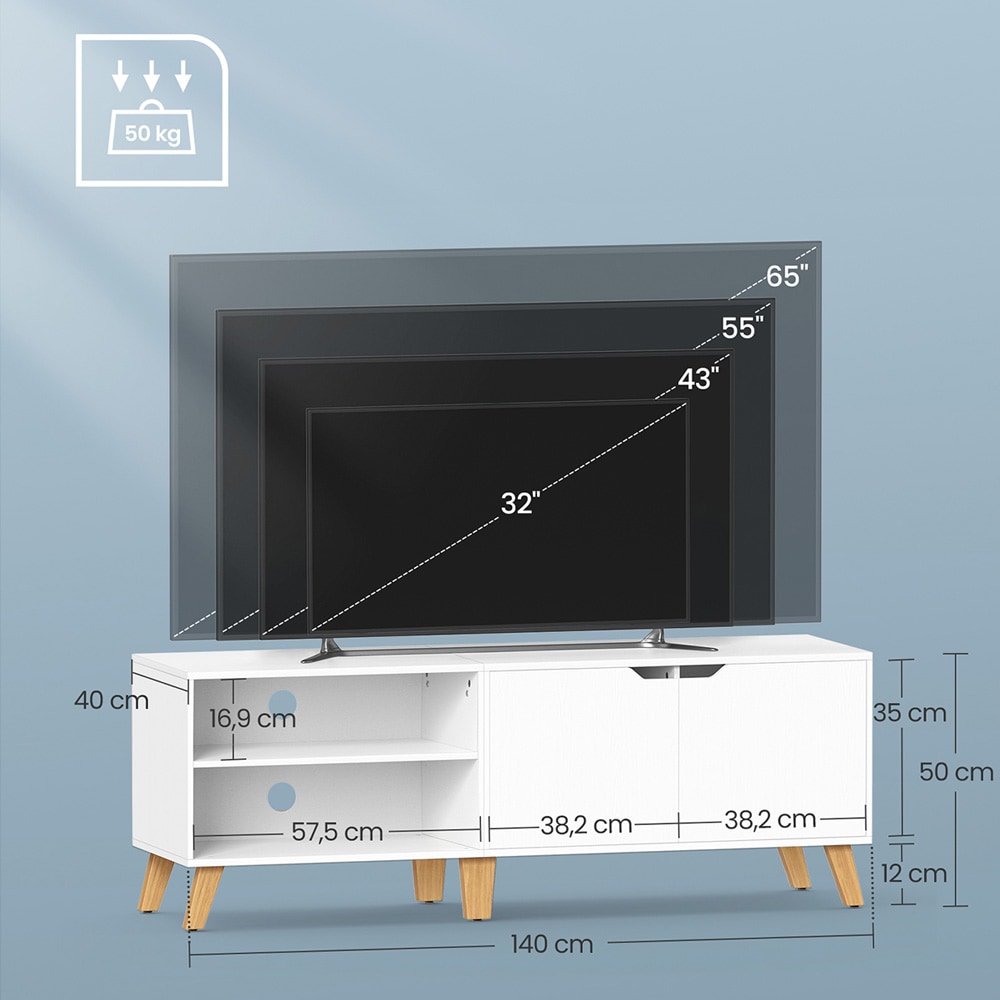 TV-bänk 140 cm med förvaring för TV upp till 65 tum - Vit