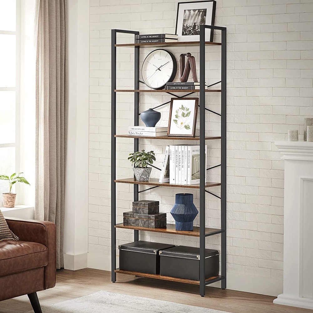 Bokhylla i industriell stil med 6 hyllplan – Rustik brun/svart