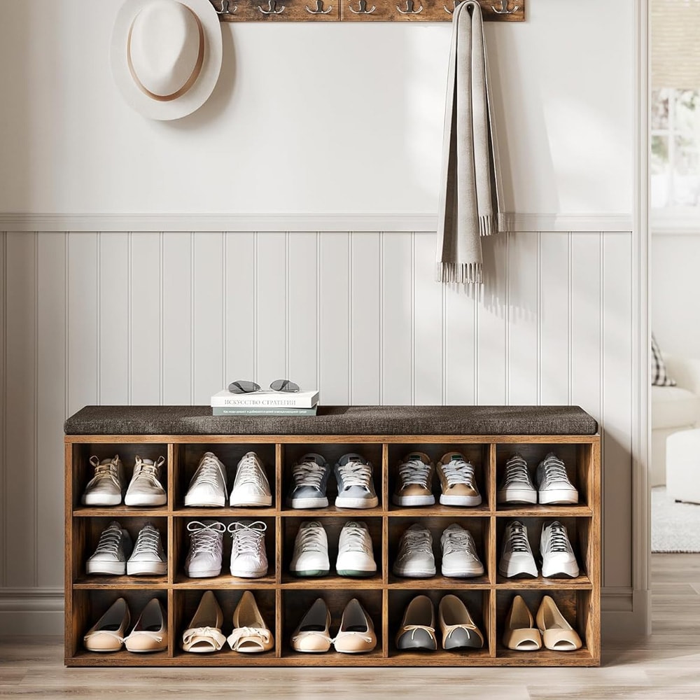 Skoställ med sittbänk och 15 fack – Rustik brun