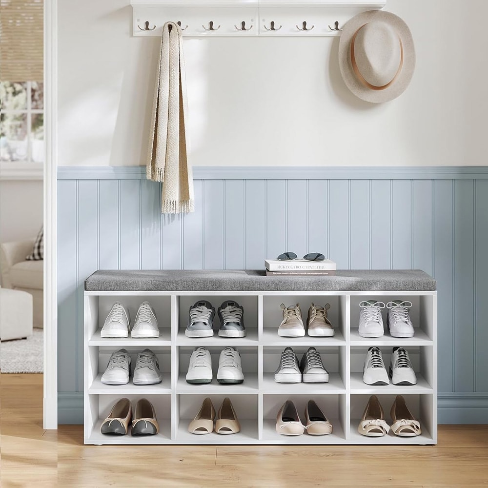 Skoställ med sittbänk och 12 fack –  Vit/grå