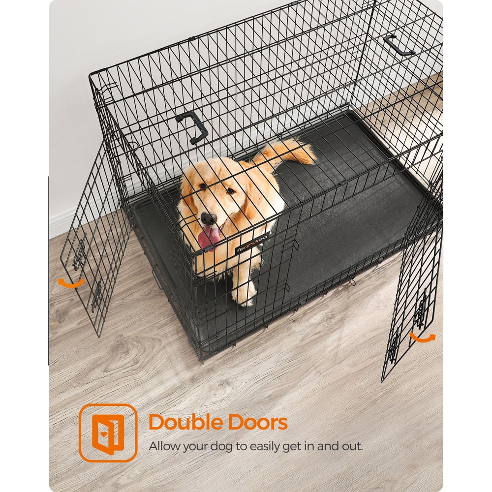 Hopfällbar hundbur med dubbeldörr 122×74,5×80,5 cm – Svart