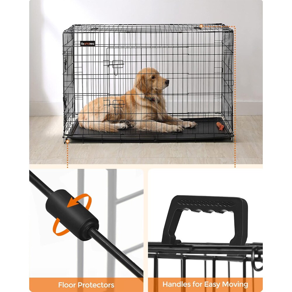 Hopfällbar hundbur med dubbeldörr 122×74,5×80,5 cm – Svart