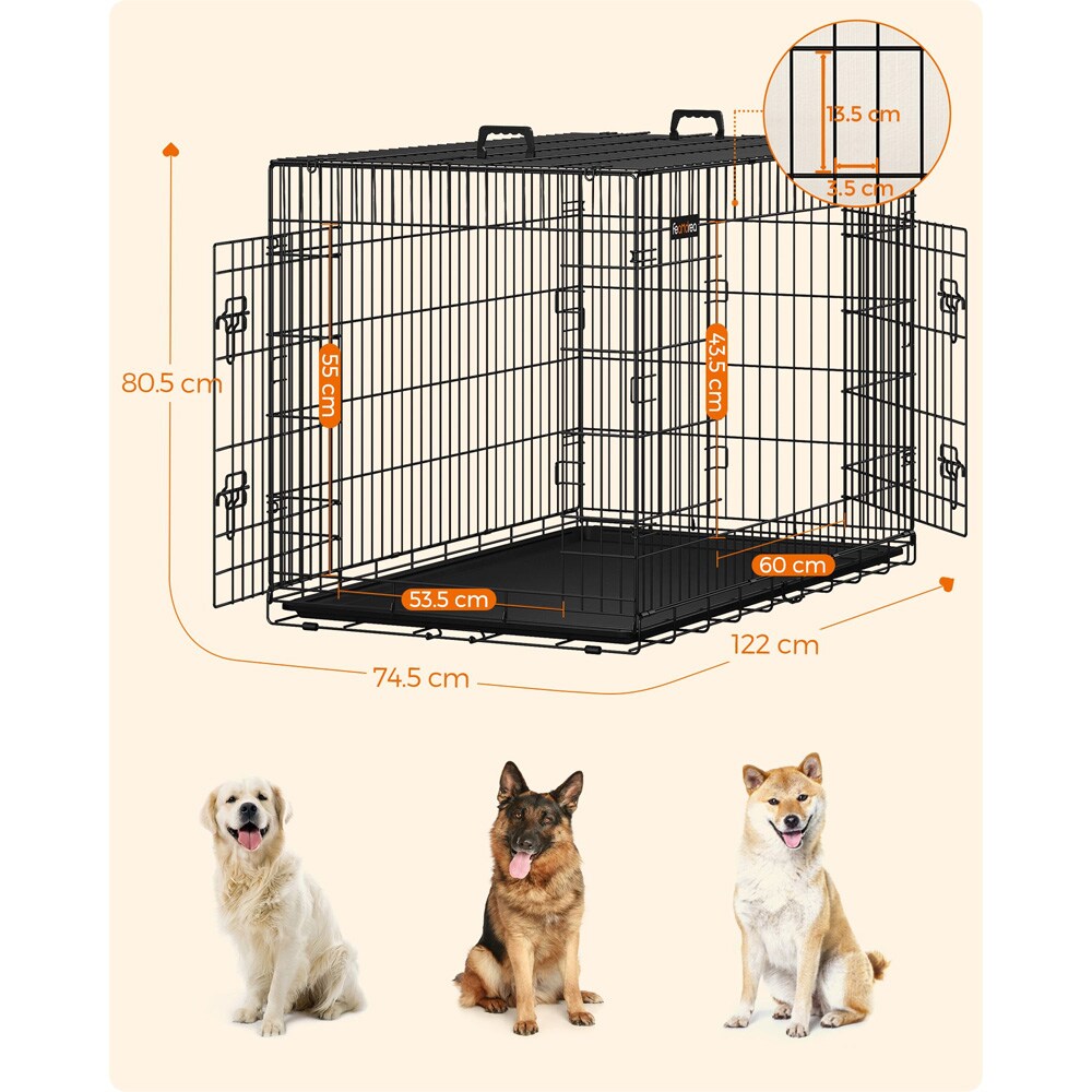 Hopfällbar hundbur med dubbeldörr 122×74,5×80,5 cm – Svart