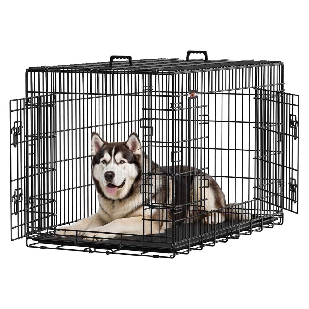 Hopfällbar hundbur med dubbeldörr 122×74,5×80,5 cm – Svart