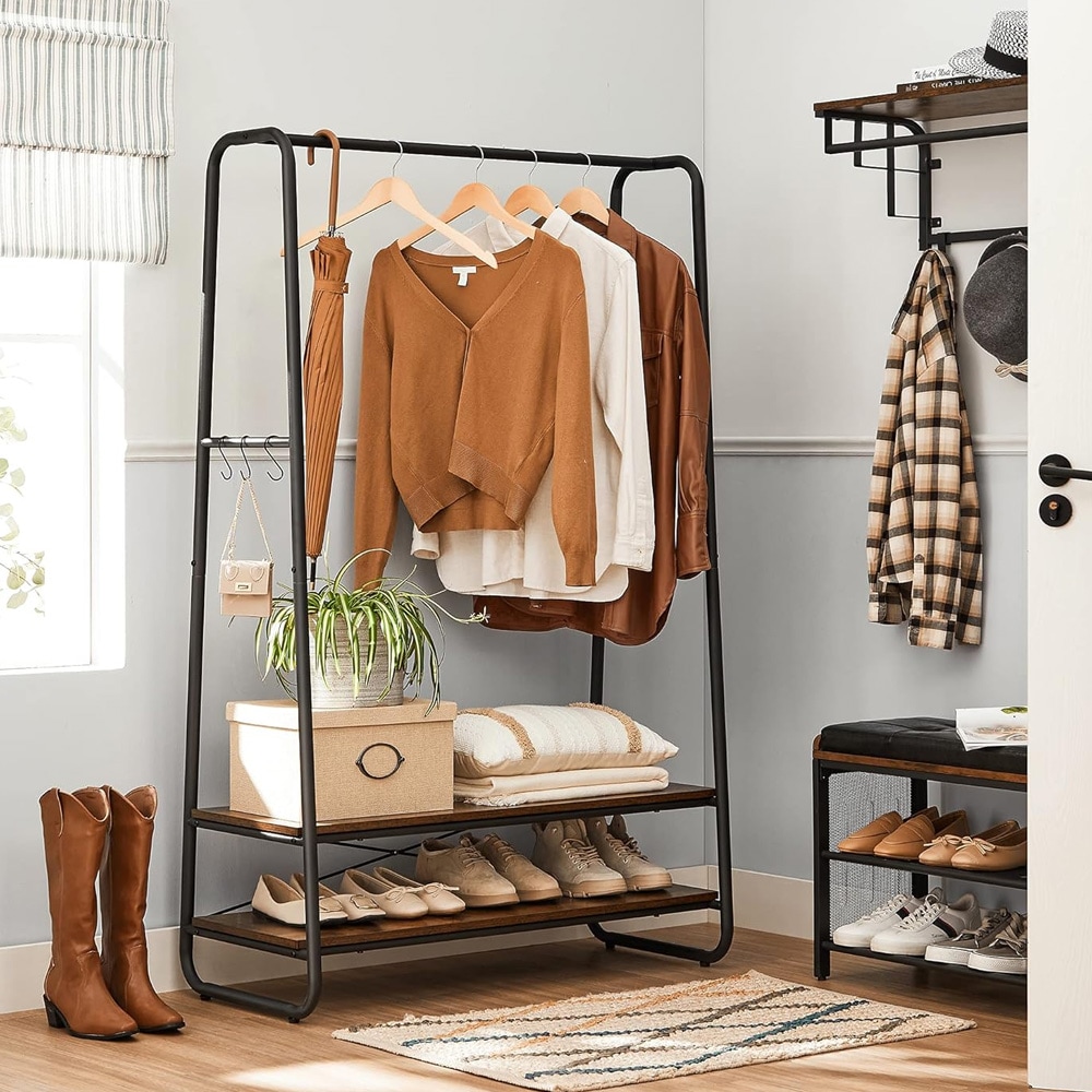 Klädställning i metall med 2 hyllor i trä – Rustik brun/svart