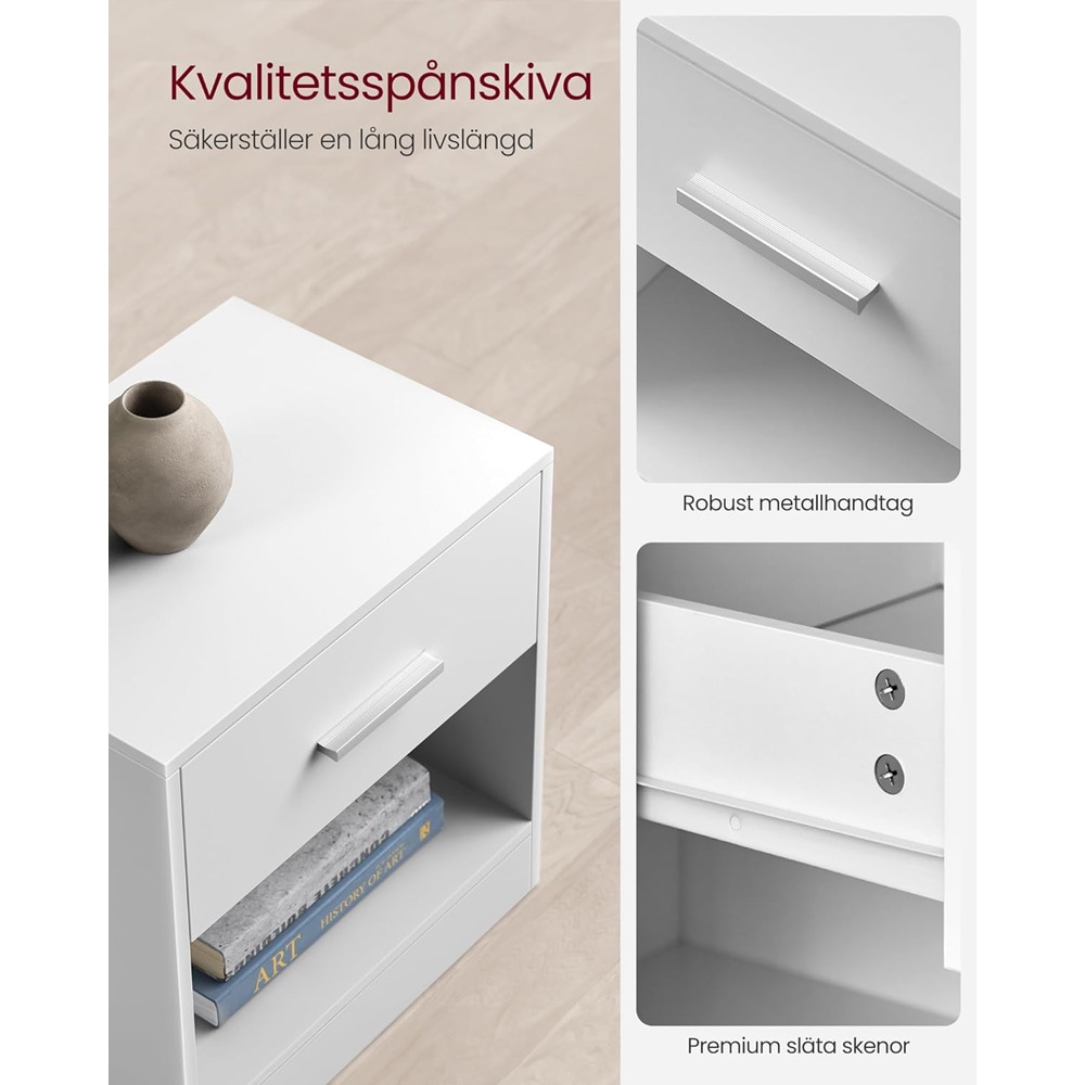 Sängbord set om 2 med låda och öppet fack – Vit