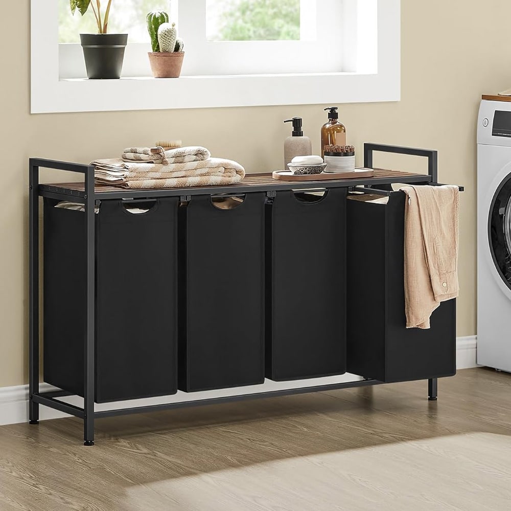 Tvättkorg med 4 utdragbara fack och hylla i trä – Svart