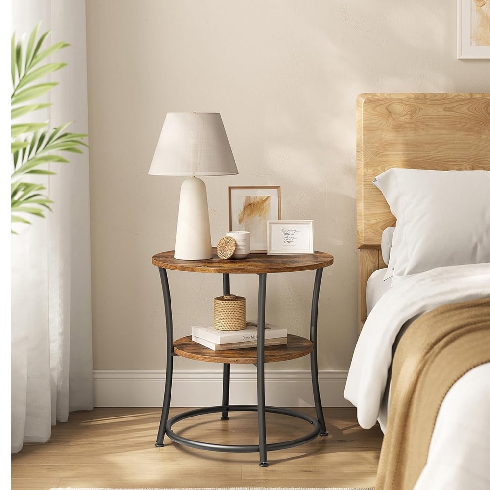 Runt sidobord med 2 hyllplan – rustikbrun/svart
