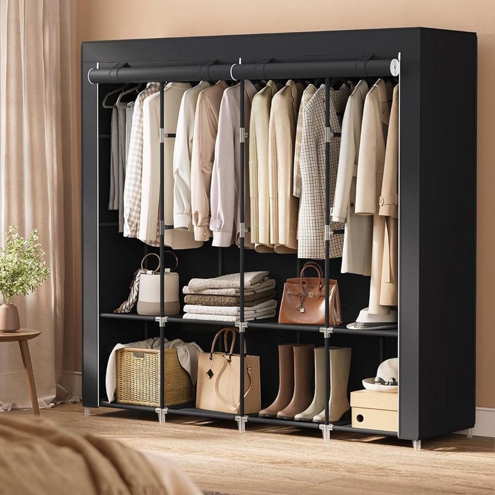 Portabel garderob med klädstång och hyllor - Svart