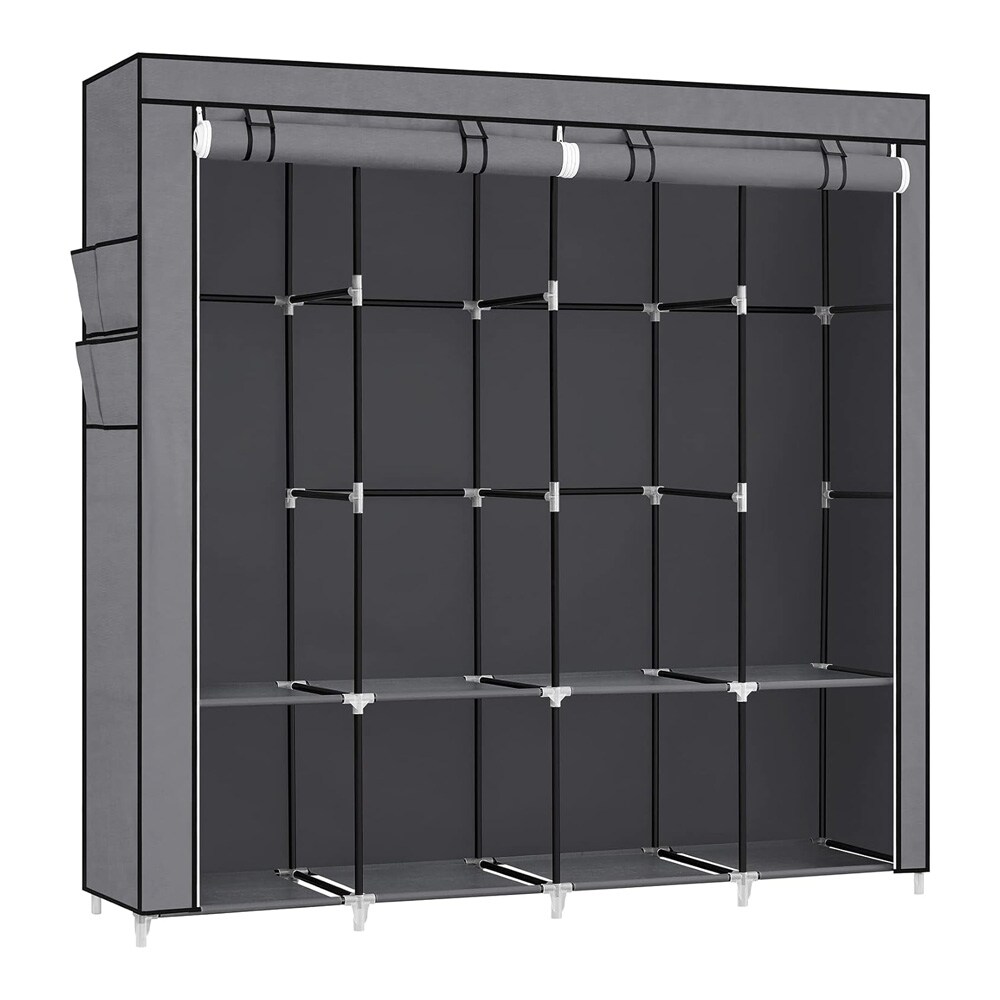 Portabel garderob med klädstång och hyllor - Grå