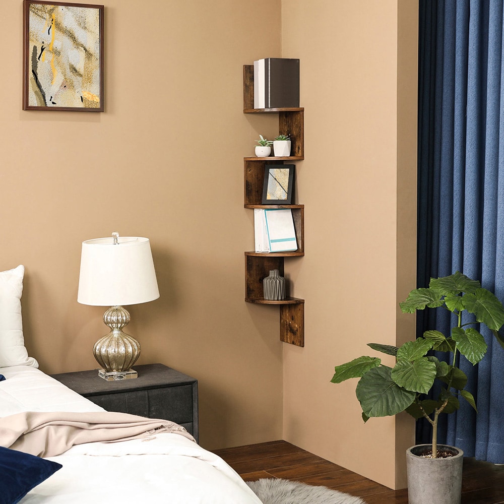 Zigzag hörnbokhylla för vägg – Rustikbrun