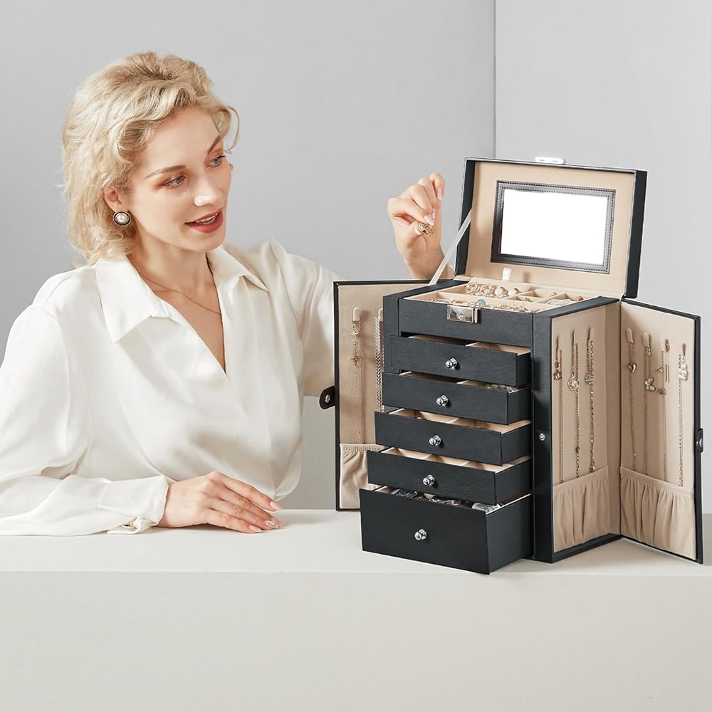 Smyckeskrin med 6 nivåer och spegel – Svart