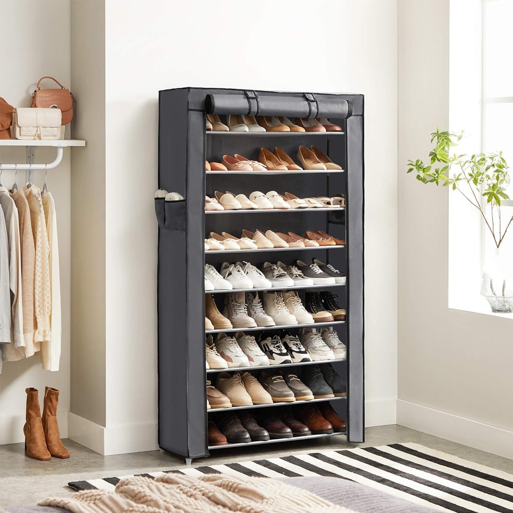 Skohylla med 10 hyllplan och dammskydd – Grå