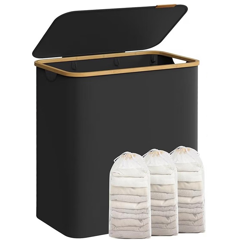 Stor tvättkorg med lock och 3 fack - Svart