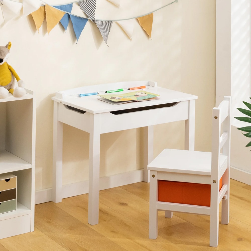 Barnbord med stol i trä och förvaring – Vit