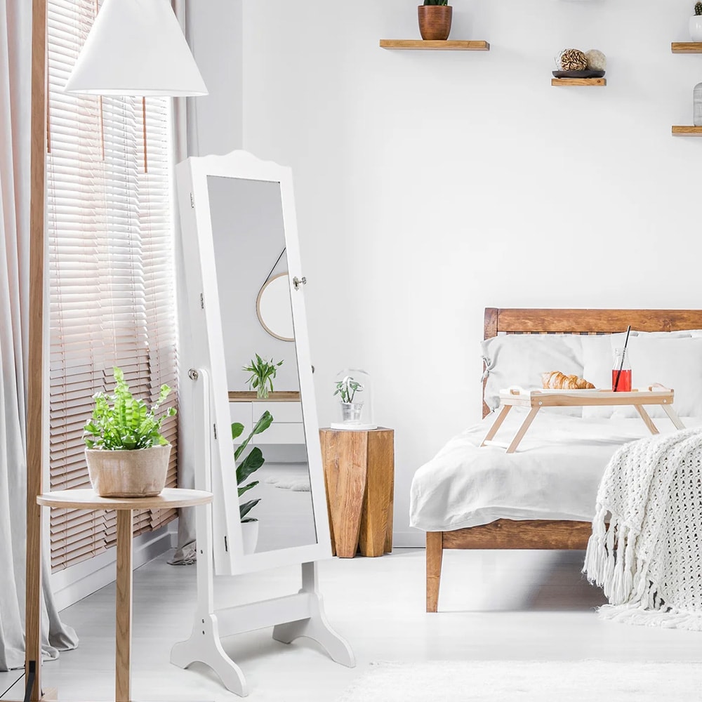 Smyckesskåp med helkroppsspegel och lås – Vit