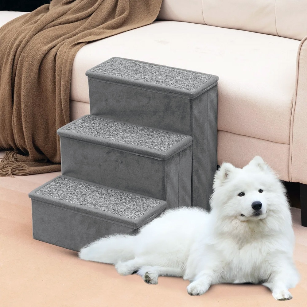 Hundtrappa 3 steg med förvaring och halkskydd – Grå