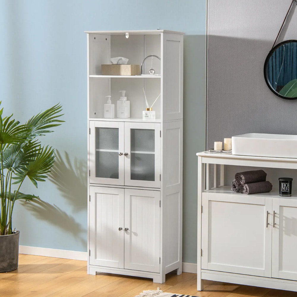 Badrumsskåp 163 cm med glasdörrar och justerbara hyllor – Vit