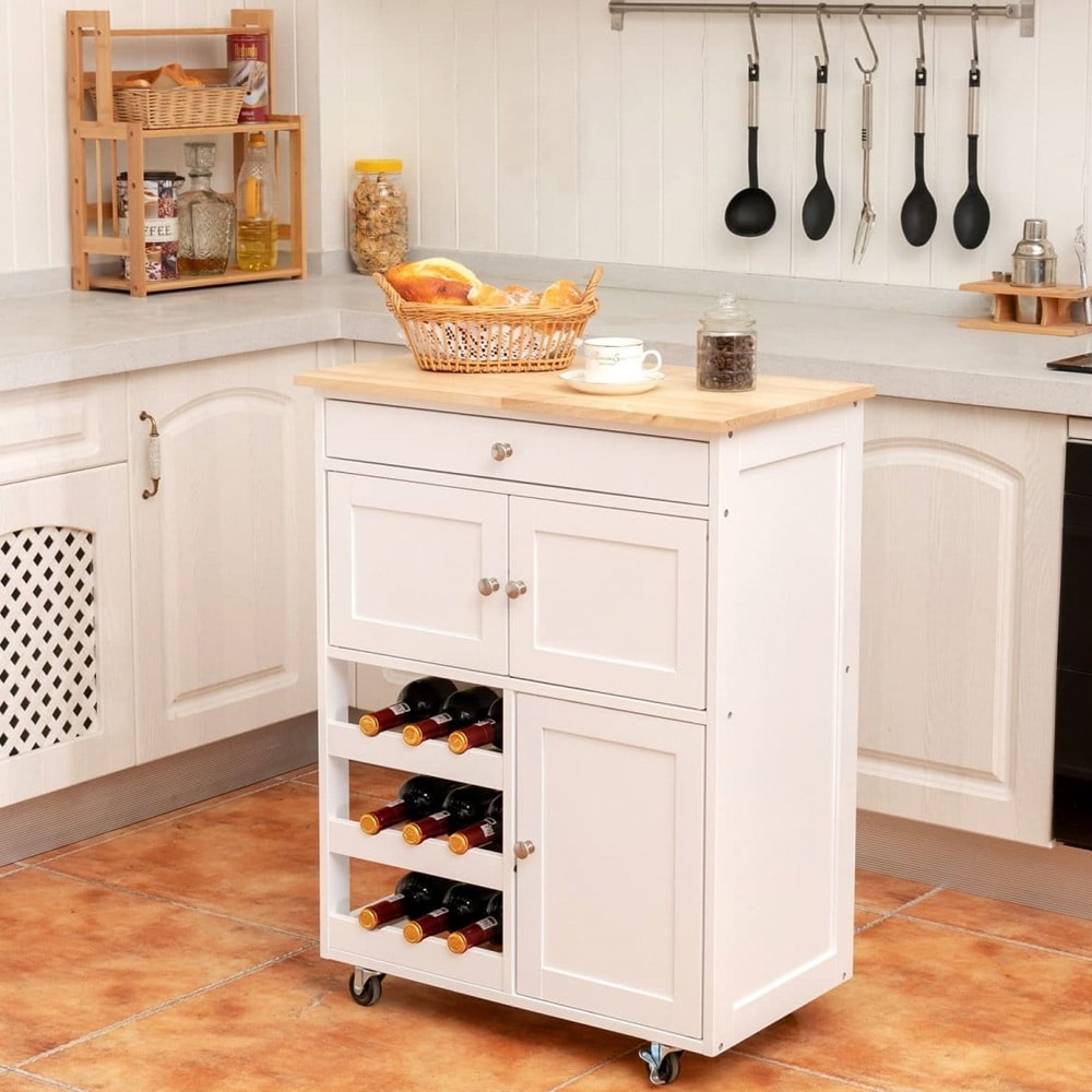 Köksvagn med hjul - vinställ och skåp – Vit